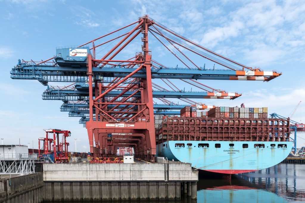 Container ship loading at port